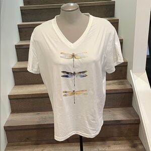 SHEIN White Dragonfly Print Short Sleeve Tee